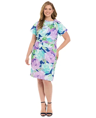 London Times Plus Floral-Print Tie-Neck Sheath Dress