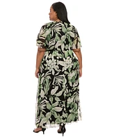 London Times Plus Floral-Print Smocked Maxi Dress