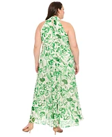 London Times Plus Floral-Print Halter Maxi Dress