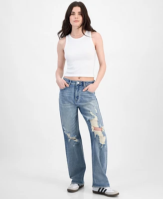 Madden Girl Juniors' Super High Rise Distressed 90s Wide Leg Jeans