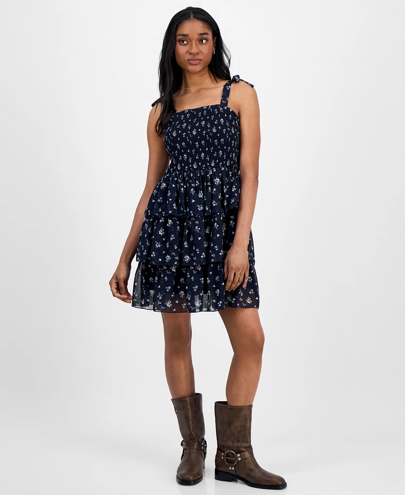 Celebrity Pink Juniors' Floral-Print Smocked Tiered Chiffon Mini Dress