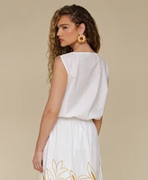 Avec Les Filles Women's Sleeveless Embroidered Drawstring-Hem Top