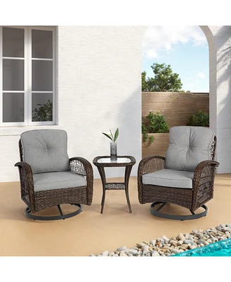 3-Piece Swivel Rocker Patio Set, Cushioned Chairs, Glass Table, Grey