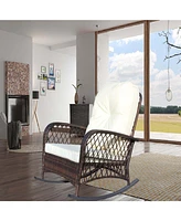 Outdoor wicker rocking chair with cushion, Patio, garden, backyard, Beige