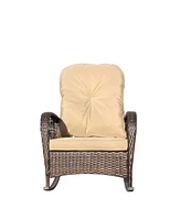 Outdoor wicker rocking chair, wide seat, thick cushion, steel frame, brown cushion