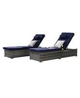 Outdoor chaise lounge set (2) with storage, adjustable backrests, table, cushions