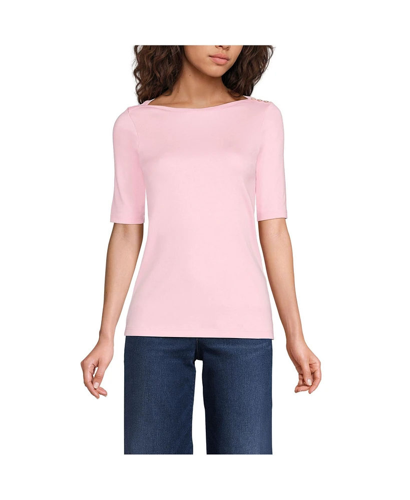 Lands' End Petite Supima Cotton Elbow Sleeve Boatneck Button Shoulder Tee