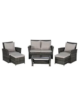 6 Piece Wicker Patio Furniture Sets with Ottoman & Tempered Glass Coffee Table
