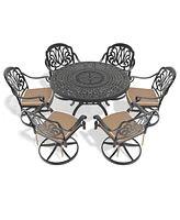7-Pc Cast Aluminum Dining Set, 6 Swivel Chairs, 47" Round Table, Black Frame