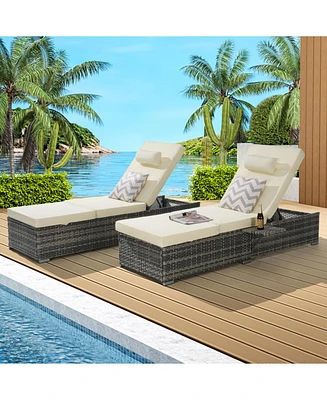 Outdoor chaise lounge set (2) with storage, adjustable backrests, table