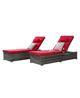 Outdoor chaise lounge set (2) with storage, adjustable backrests, table, cushions