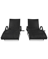 Outdoor Wicker Chaise Lounge Set, Reclining, Adjustable, with Side Table, Black