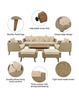 6-Pc Wicker Sofa Set, Outdoor rattan, double cushions, wood legs & table, brown