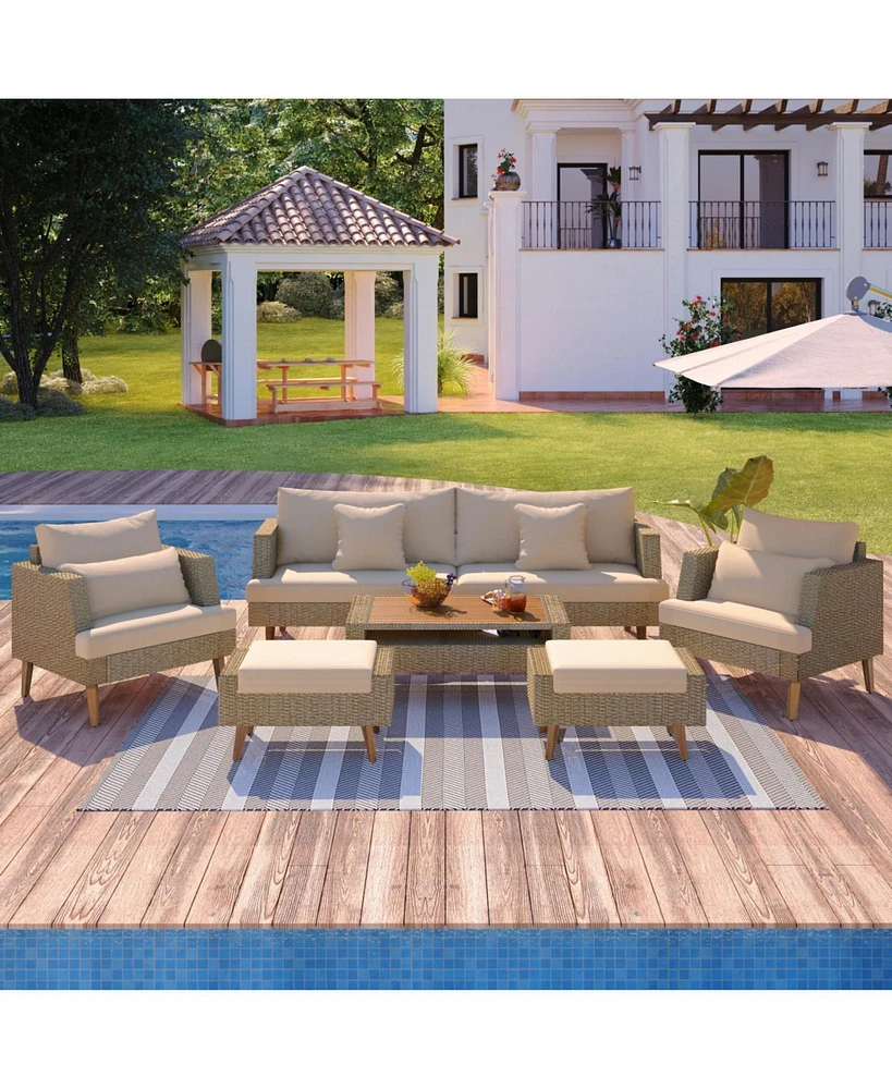 6-Pc Wicker Sofa Set, Outdoor rattan, double cushions, wood legs & table, brown