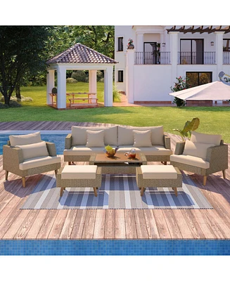 6-Pc Wicker Sofa Set, Outdoor rattan, double cushions, wood legs & table, brown