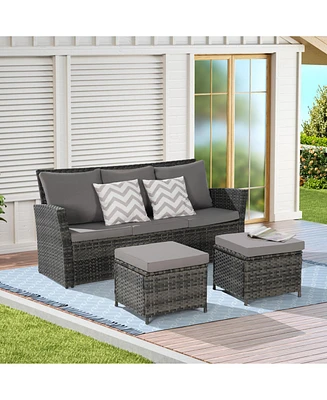 3-Piece Wicker Patio Set, Sofa, Ottomans