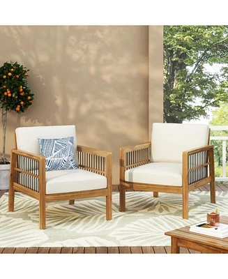 Acacia club chairs (set of 2), Deep seating, soft beige cushions, teak finish