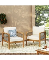 Acacia club chairs (set of 2), Deep seating, soft beige cushions, teak finish