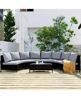 5-Piece Brown Wicker Patio Half-Moon Sofa Set with Gray Cushions