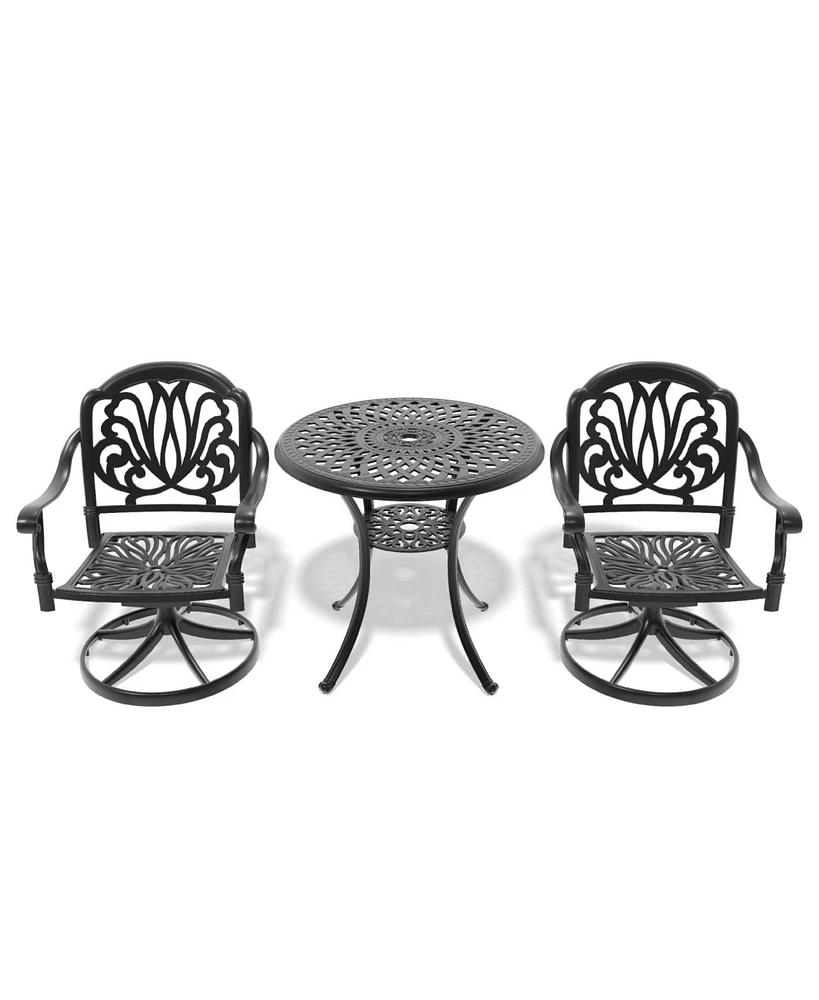 3pc Cast Aluminum Dining Set, 2 Swivel Chairs & 30" Table