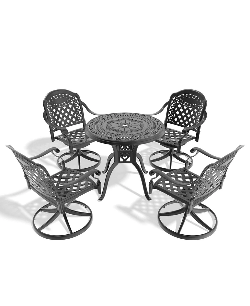 5-Pc Cast Aluminum Dining Set, 4 Swivel Chairs, 31,5" Round Table