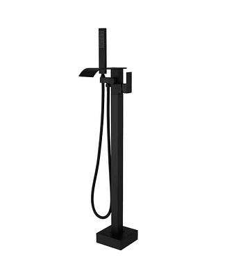 Single-Handle Freestanding Tub Faucet with Hand Shower Brass Waterfall Floor Mount Tub Filler in Matte Black
