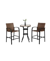 3-Piece Outdoor Rattan Bar Set, Glass Table, Wicker Stools, Brown
