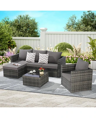 3-Piece Patio Set, Woven L-Shaped Sectional, Sofa, Lounger & Coffee Table
