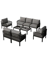9pc Patio Set, Modern sectional with 2 tables, waterproof cushions, black & gray
