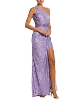 Mac Duggal Women's Sequined One Shoulder Draped Lace Up Gown