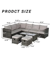 6pc Outdoor Patio Set, Wicker Sofa, Glass Table, Cushions & Pillows