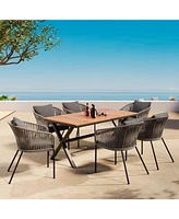 7pc Patio Dining Set, Acacia tabletop, metal frame, all-weather, for garden/balcony