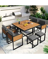 9-pc Acacia Patio Dining Set, Table, 4 Chairs, 4 Ottomans, Cushions, Gray