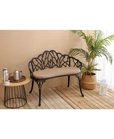 Tulip Patio Bench, Metal, Floral Rose, Black/White Cushion