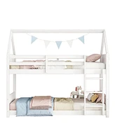 White Twin Over Twin Bunk Bed with Ladder and Safety Rails