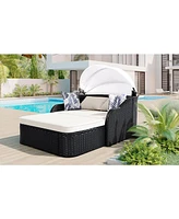 79,9" Outdoor Sunbed, Adjustable Canopy, Double Lounge, Black Wicker