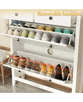 White 4-door shoe cabinet with two adjustable drawers,wooden shoe rack with leg