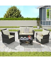 4-Piece Outdoor Patio Furniture Set, Rattan Chairs, Glass Table
