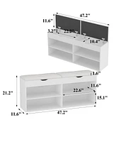 Wooden and white shoe cabinet with 2 seats, versatile and beautiful rack with six cabinets