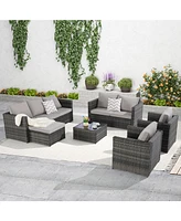 6-Piece Outdoor Wicker Patio Conversation Set w/ Cushions & Glass Table