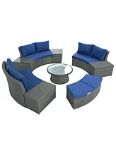10-Pc Half-Round Rattan Patio Sofa Set, Free Combo, Blue