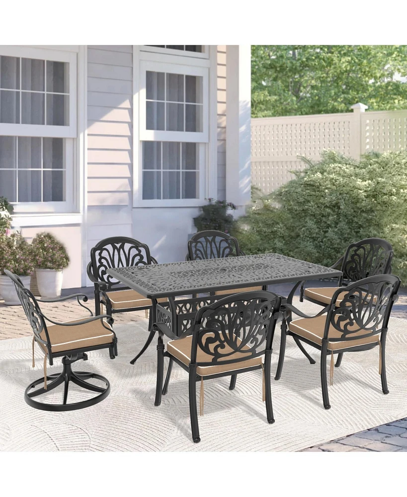 7-Piece Cast Aluminum Dining Set, 2 Swivel, 4 Chairs, Rectangular Table, Black Frame