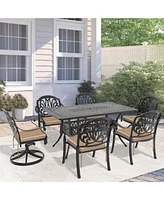 7-Piece Cast Aluminum Dining Set, 2 Swivel, 4 Chairs, Rectangular Table, Black Frame
