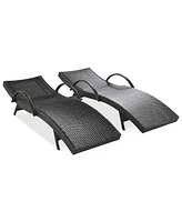 80" Wicker Chaise Lounge Set (2), Patio Rattan, Adjustable, Pull-out Table, Dark Brown