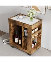 Mid-century modern style movable side cabinet for sofa, household brown trolley storage locker and shelf for living room