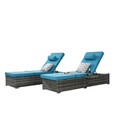 Outdoor chaise lounge set (2) with storage, adjustable backrests, table, cushions