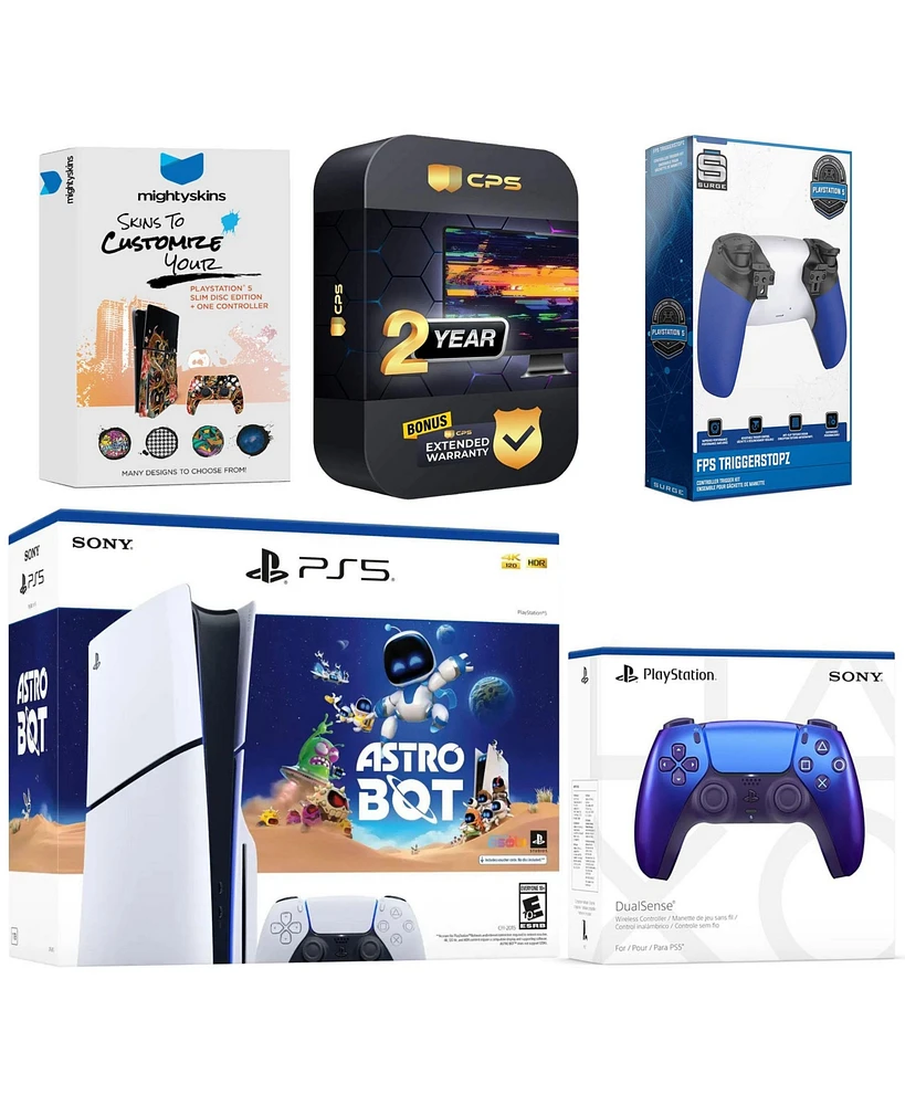 Sony PlayStation 5 Slim Disc Astro Bot Bundle with Extra Controller, Trigger Stop Kit, MightySkins Code and 2 Year Extended Warranty