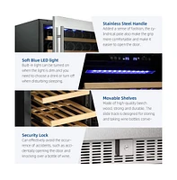 Cowsar 15" Wine Cooler Under Counter Beverage Refrigerator Beer Mini Fridge 28 Bottles Dual Zone Built-in Freestanding Stainless Steel Double-Layer Te