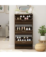 Wooden 3-door yellow shoe cabinet, shutter door drawers, multi-purpose rack with adjustable shelves
