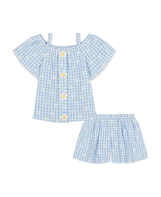 Kids Headquarters Baby Girls 2-Piece Daisy Gingham Drop Needle Knit Top and Shorts Set